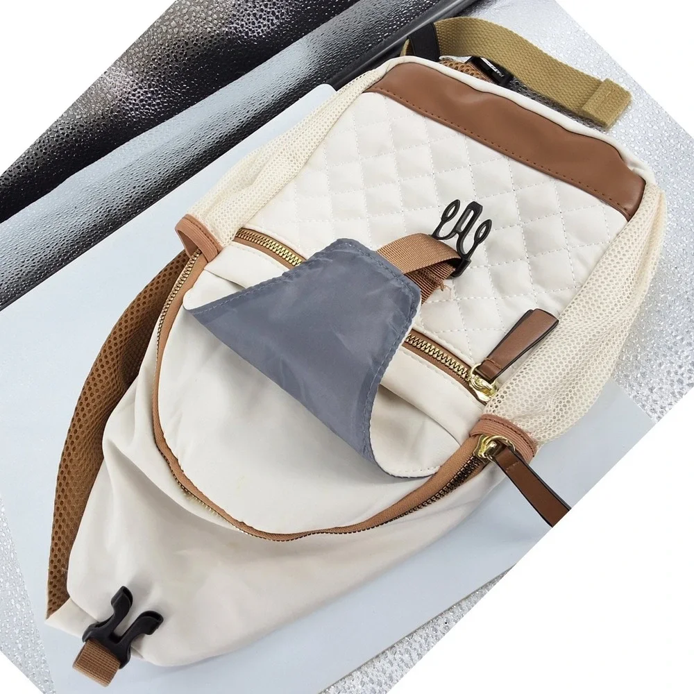 Cream Quilted Nylon‎ Sling Bag Unisex Crossbody Backpack Headphone Port